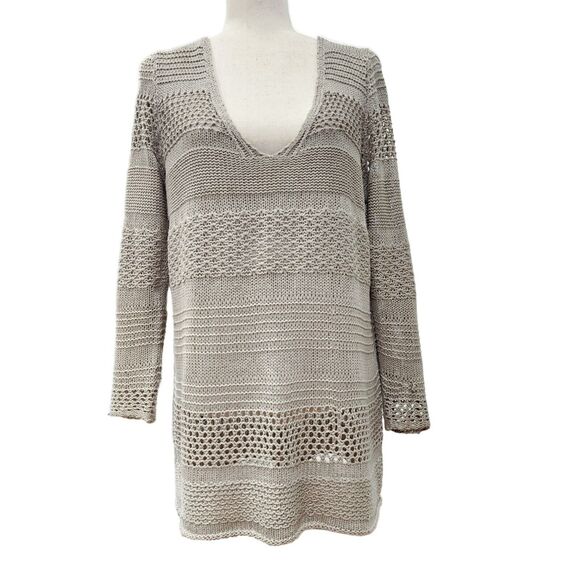H&M Taupe‎ Mixed Open-Knit Long Sleeve Sweater Tunic Lightweight Size M - Picture 1 of 8
